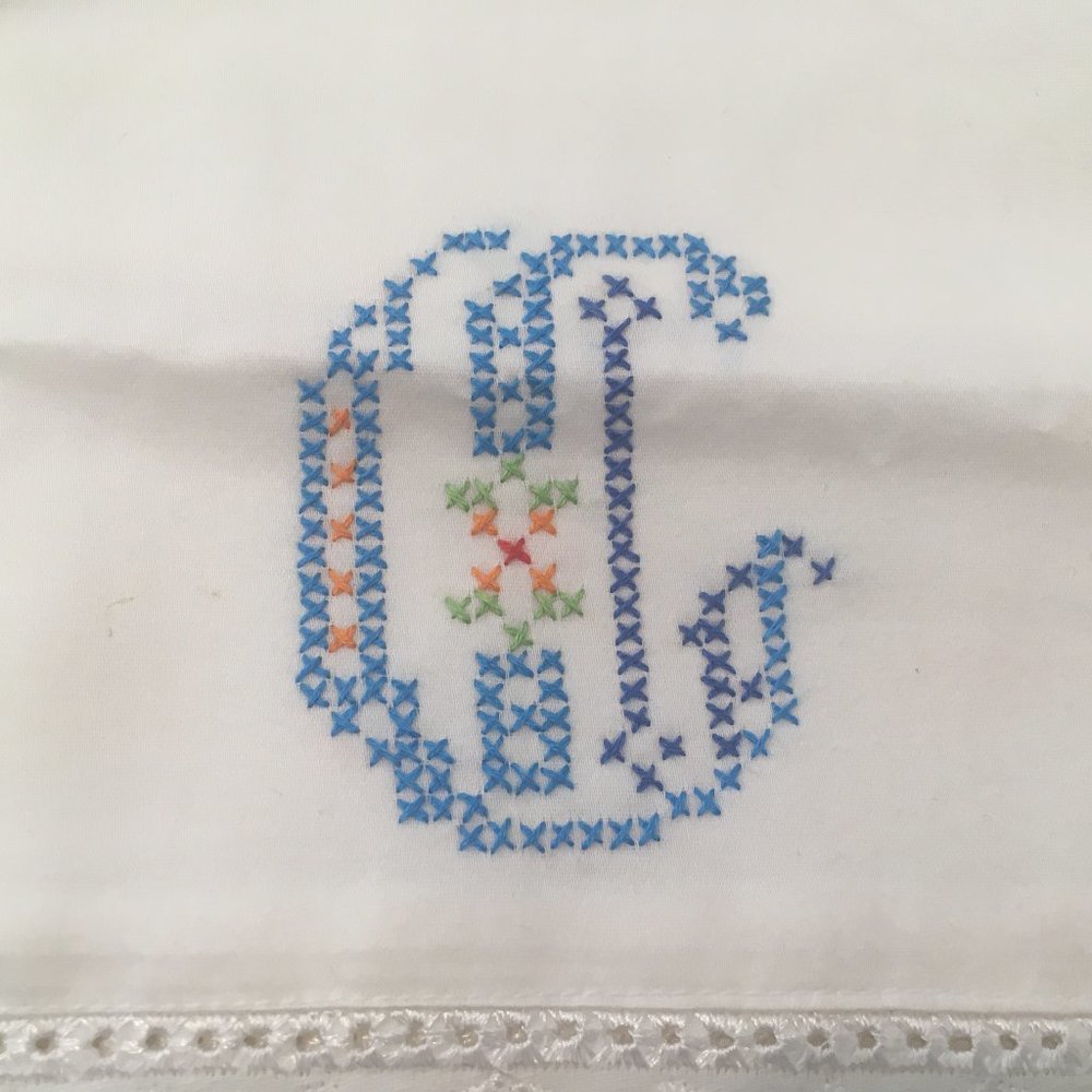 New Hand Embroidered Monogram Letter “C” Colorful Standard Pillowcase, Qty 2